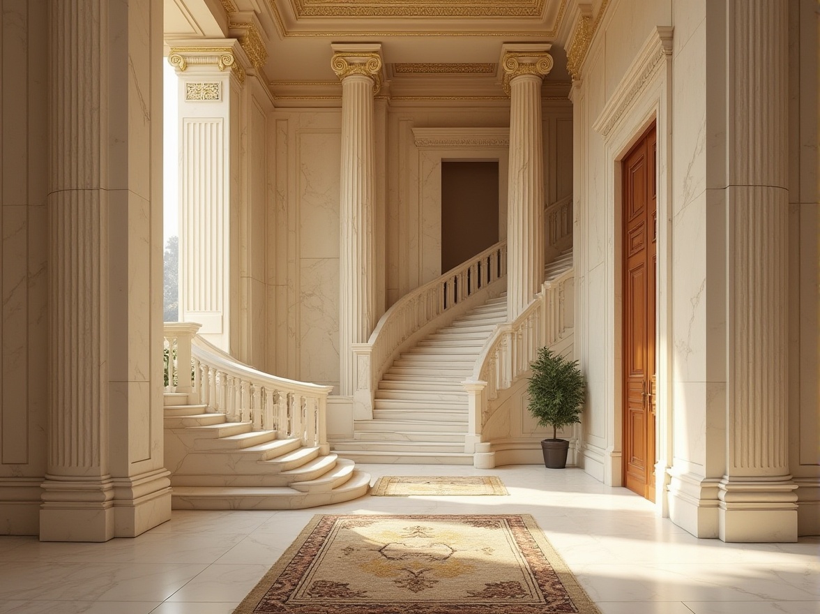 Prompt: \Elegant neoclassical building, cream marble fa\u00e7ade, ornate columns, symmetrical composition, subtle golden accents, soft beige stone walls, rich walnut wood trim, grand staircase, intricately patterned rugs, classic Greek-inspired motifs, muted earthy tones, serene natural light, shallow depth of field, 2/3 composition, warm sunny day, realistic textures, ambient occlusion.\