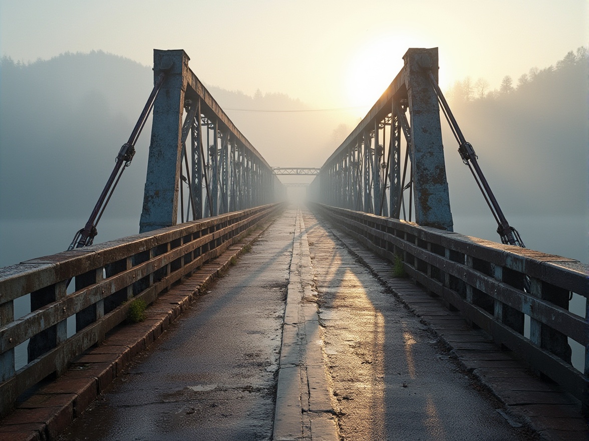 Prompt: Rustic steel bridges, weathered wooden decks, durable concrete piers, sturdy stone abutments, galvanized railings, reinforced polymer coatings, textured asphalt roads, aggregate stone pathways, robust cable suspensions, high-strength steel cables, weather-resistant epoxy paints, rough-hewn granite foundations, saltwater-resistant materials, misty atmospheric conditions, soft warm lighting, 1/2 composition, realistic textures, ambient occlusion.