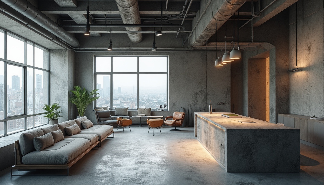 Prompt: Exposed concrete walls, rugged textures, industrial pipes, raw metal beams, minimalist decor, monochromatic color scheme, abundant natural light, urban cityscape views, modern brutalist architecture, functional furniture, geometric shapes, bold structural elements, dramatic ceiling heights, cold atmospheric lighting, high-contrast shadows, cinematic composition, realistic material renderings.