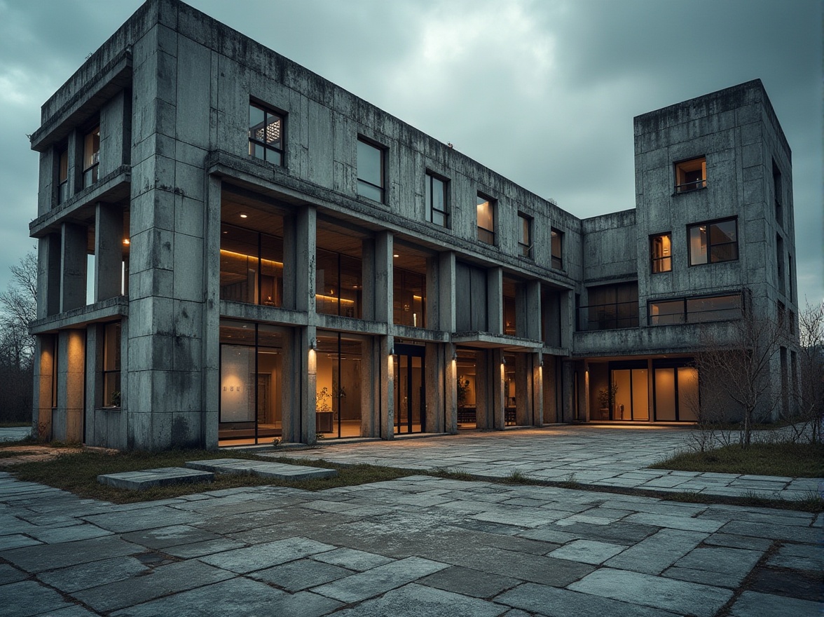 Prompt: Industrial constructivist building, exposed concrete walls, metallic beams, rough stone floors, distressed wood accents, urban cityscape, overcast sky, dramatic lighting, strong shadows, 3/4 composition, symmetrical architecture, brutalist elements, raw industrial materials, tactile textures, abstract geometric patterns, bold color contrasts, high-contrast rendering, cinematic atmosphere, intense focal point, shallow depth of field.