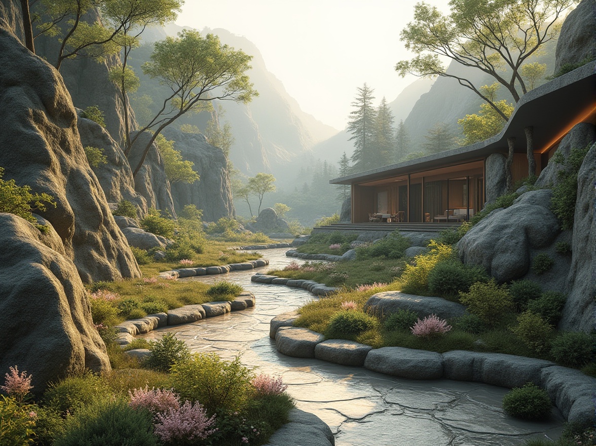 Prompt: Seamless landscape integration, organic curves, native plant species, rustic stone walls, weathered wood accents, earthy color palette, soft natural lighting, misty atmosphere, subtle water features, meandering pathways, curved retaining walls, blended boundaries, natural rock formations, tranquil ambiance, serene vistas, 3/4 composition, shallow depth of field, panoramic view, realistic textures, ambient occlusion.