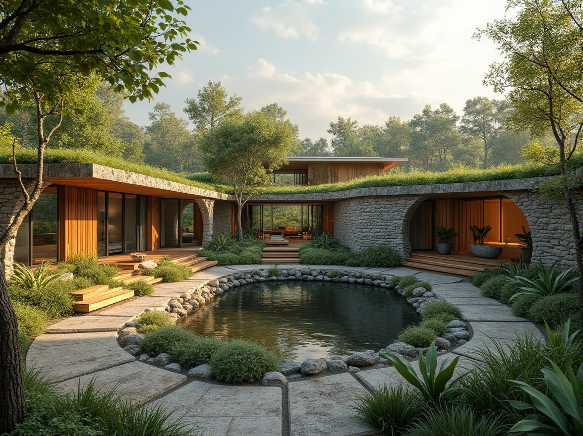 Prompt: Harmonious site integration, blending architecture with nature, lush green roofs, native plant species, organic building forms, curved lines, natural stone walls, reclaimed wood accents, earthy color palette, seamless transitions, outdoor spaces merging with landscape, meandering pathways, serene water features, tranquil ambiance, soft warm lighting, shallow depth of field, 1/2 composition, panoramic view, realistic textures, ambient occlusion.