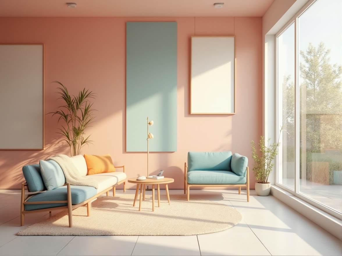 Prompt: Vibrant design studio, modern minimalist interior, pastel color scheme, soft peach tones, calming blue hues, creamy white accents, rich wood textures, sleek metal frames, natural light pouring in, warm atmospheric glow, shallow depth of field, 2/3 composition, realistic render, ambient occlusion.