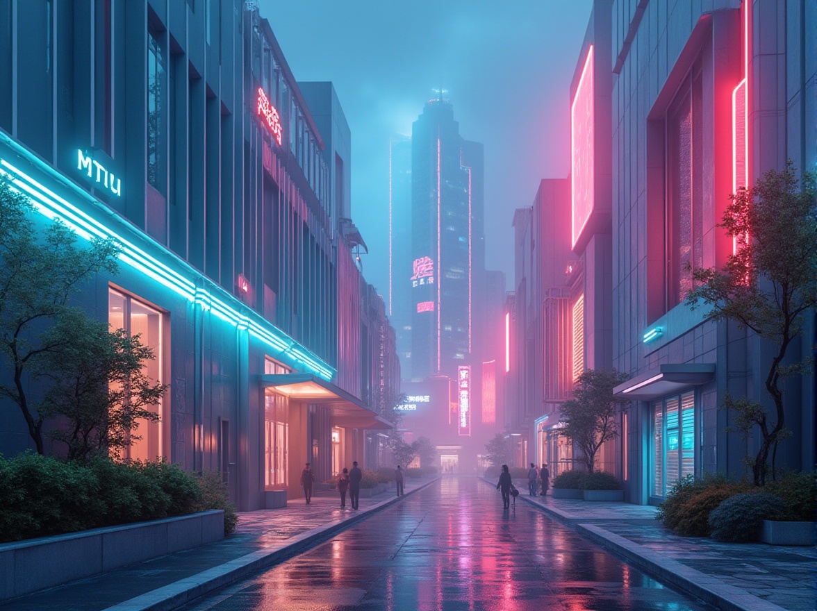 Prompt: Vibrant modern architecture, sleek metal accents, polished glass fa\u00e7ades, bold color blocking, pastel hues, neon lights, luminescent walls, futuristic cityscape, urban jungle, nightfall ambiance, soft gradient skies, atmospheric fog, cinematic lighting, 3/4 composition, low-angle shot, shallow depth of field, realistic reflections, ambient occlusion.