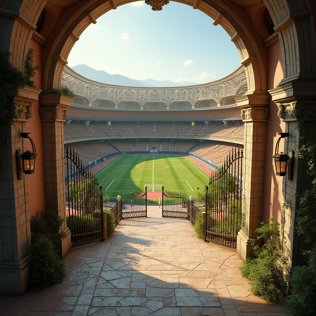 Prompt: Rustic sports complex, Romanesque arches, ornate stone carvings, earthy tones, terracotta roofs, grand entrance gates, wrought iron fencing, lush greenery, athletic tracks, football fields, soccer goals, tennis courts, basketball hoops, modern stadium seating, natural stone walls, vintage lanterns, warm golden lighting, dramatic shadows, 1/2 composition, symmetrical architecture, realistic textures, ambient occlusion.