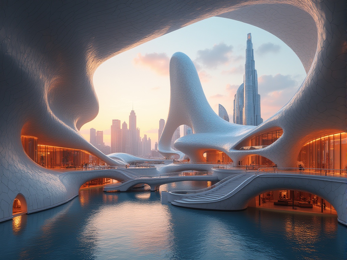 Prompt: Undulating curves, sweeping arches, fluid lines, organic shapes, futuristic buildings, iridescent glass facades, shimmering metal surfaces, undulant roofs, cantilevered structures, dramatic overhangs, dynamic urban landscape, cityscape at dusk, warm golden lighting, soft focus, atmospheric perspective, 1/2 composition, symmetrical balance, harmonious proportions, sleek modern interior, minimalist decor, curved staircases, winding corridors, smooth transitions, luxurious materials, ambient occlusion.