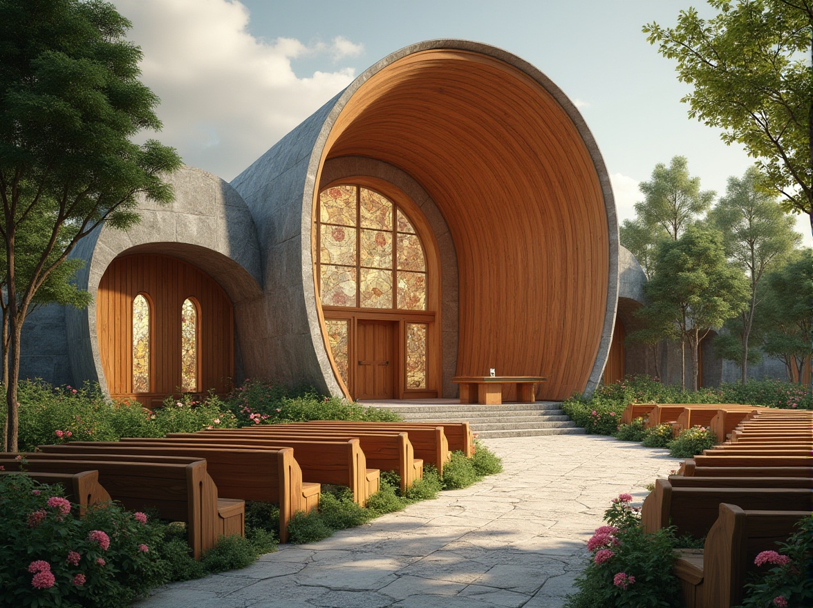 Prompt: Curved church facade, natural stone walls, stained glass windows, ornate wooden doors, lush greenery surroundings, blooming flowers, serene atmosphere, soft warm lighting, shallow depth of field, 3/4 composition, panoramic view, realistic textures, ambient occlusion, undulating rooflines, organic shapes, flowing curves, earthy color palette, natural materials, wooden accents, minimalist interior design, vaulted ceilings, clerestory windows, sacred symbols, spiritual ambiance.