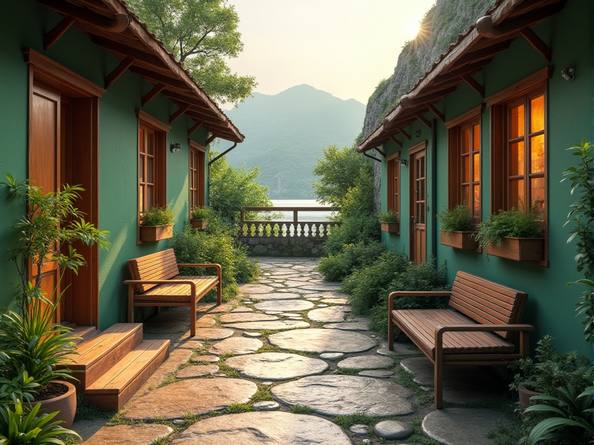 Prompt: Cozy hostel courtyard, lush green walls, vibrant flower boxes, wooden benches, natural stone pathways, modern minimalist architecture, large windows, glass doors, rustic wood accents, warm lighting, shallow depth of field, 3/4 composition, panoramic view, realistic textures, ambient occlusion, mountainous landscape, rolling hills, serene lake views, misty morning atmosphere, soft warm sunlight, gentle breeze, natural ventilation systems, eco-friendly materials, sustainable design solutions.