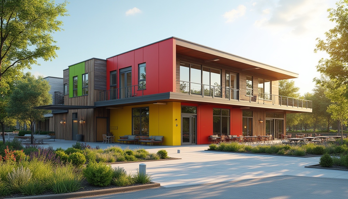 Prompt: Vibrant community center facade, bold color schemes, modern angular lines, large windows, glass walls, minimalist entrance, wooden accents, green roofs, solar panels, outdoor seating areas, urban landscape, morning sunlight, soft natural lighting, shallow depth of field, 1/1 composition, realistic textures, ambient occlusion.