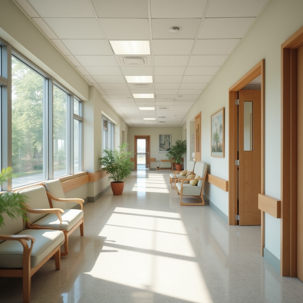 Prompt: Soothing hospital corridors, calming color schemes, natural wood accents, comfortable seating areas, gentle lighting fixtures, acoustic ceiling tiles, sound-absorbing materials, minimal medical equipment visibility, private patient rooms, large windows, abundant natural light, peaceful artwork, serene waiting areas, ergonomic furniture, soft floor coverings, quiet atmosphere, shallow depth of field, 1/1 composition, realistic textures, ambient occlusion.