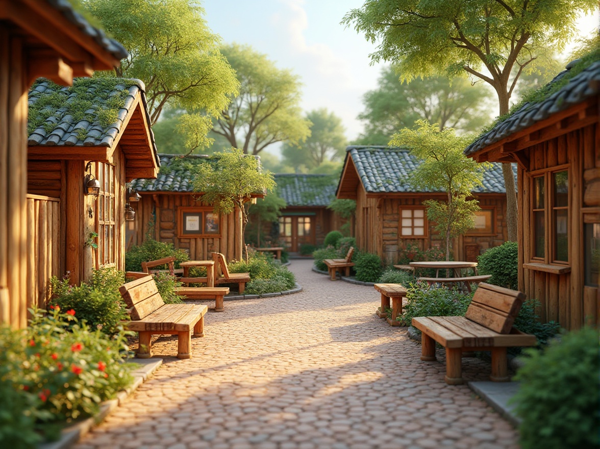 Prompt: Whimsical kindergarten, wooden play structures, woven bamboo fences, natural stone pathways, earthy brown bricks, green roofs, living walls, vibrant flower planters, educational signage, rustic wooden benches, soft warm lighting, shallow depth of field, 1/1 composition, realistic textures, ambient occlusion.