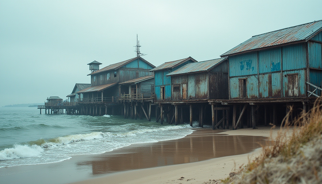 Prompt: Rustic coastal scenery, weathered steel structures, oxidized metal facades, driftwood-inspired textures, ocean-breeze-weathered surfaces, sandy dunes, sea salt-sprayed buildings, wave-crashing sounds, misty marine atmosphere, industrial-style piers, steel frame architecture, exposed ductwork, corrugated metal cladding, nautical-themed design elements, distressed wooden accents, faded blue color palette, overcast skies, shallow depth of field, 1/2 composition, realistic reflections, ambient occlusion.