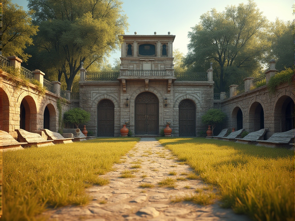 Prompt: Rustic sports field, natural grass, earthy tones, weathered stone walls, archaic entrance gates, ornate metal fencing, vintage scoreboard, distressed wood benches, terracotta pottery, ancient tree species, warm afternoon sunlight, soft shadows, 1/1 composition, realistic textures, ambient occlusion.