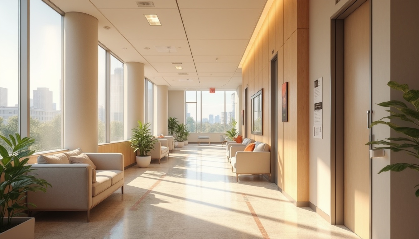 Prompt: Soothing hospital corridors, calming color schemes, natural wood accents, comfortable waiting areas, plush sofas, gentle lighting, subtle textures, acoustic panels, minimalist decor, elegant nurse stations, spacious patient rooms, large windows, serene city views, warm beige tones, soft carpeting, rounded furniture edges, accessible wheelchair ramps, intuitive wayfinding signs, calming artwork displays, peaceful atmosphere, shallow depth of field, 1/2 composition, realistic renderings, ambient occlusion.