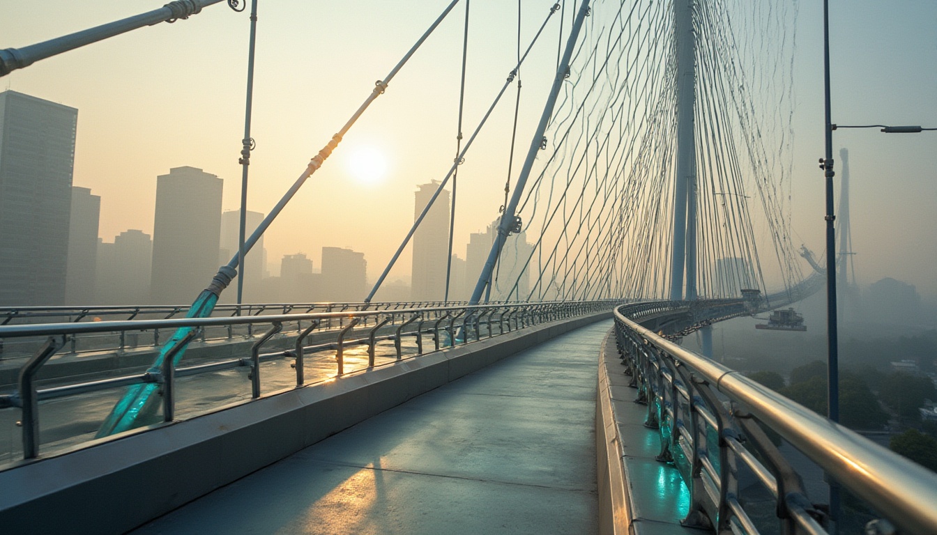 Prompt: \Sleek modern bridge, metallic silver framework, cable-stayed structure, suspended pedestrian walkways, LED lighting systems, vibrant turquoise accents, polished chrome railings, urban cityscape background, misty morning atmosphere, warm golden sunlight, shallow depth of field, 1/2 composition, realistic reflections, ambient occlusion.\