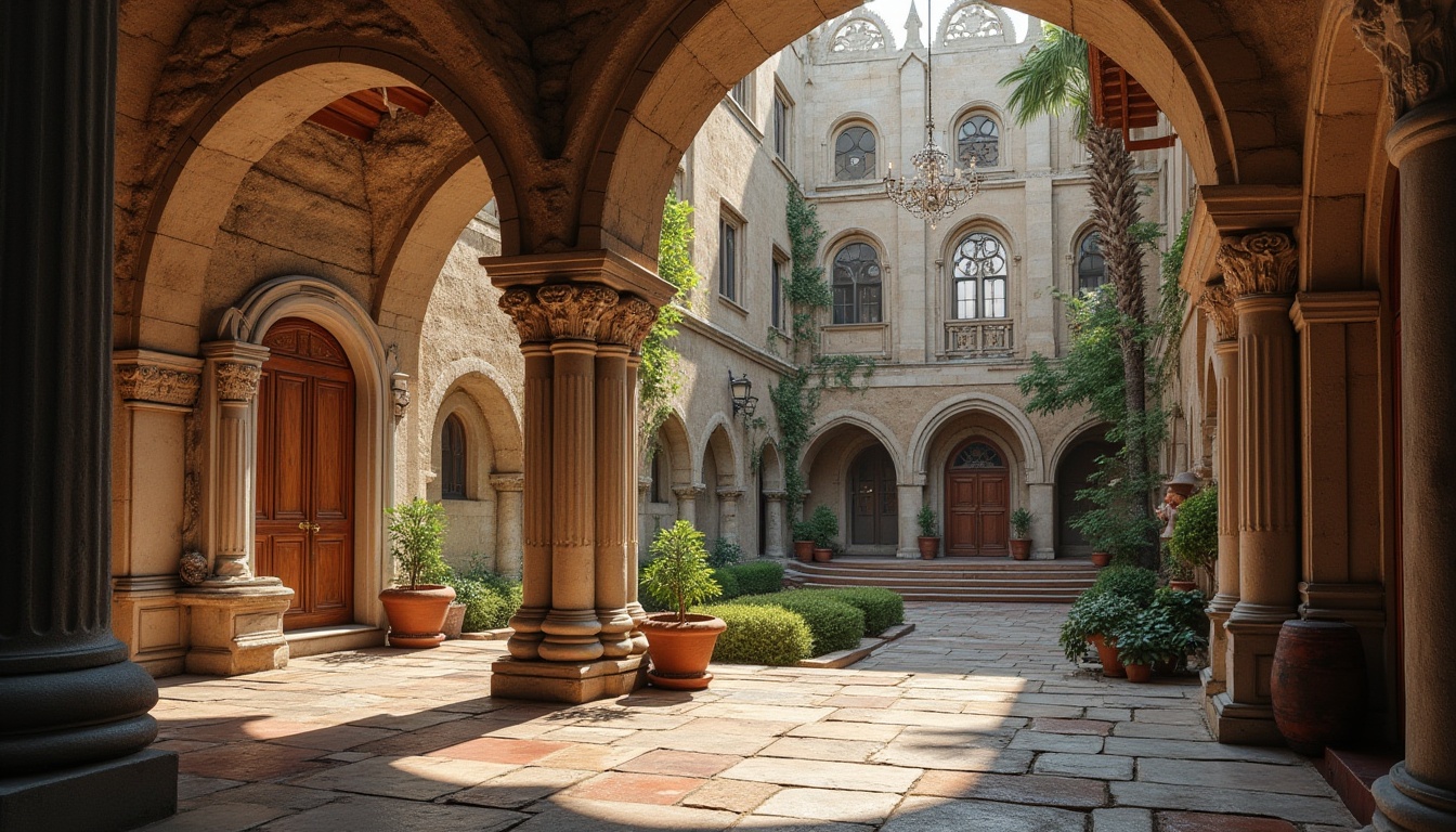 Prompt: Tranquil monastery courtyard, ornate stone carvings, rustic wooden doors, vaulted ceilings, grand staircases, intricate frescoes, stained glass windows, ornamental fountains, peaceful cloisters, soft warm lighting, subtle color palette, natural stone flooring, distressed wood accents, Renaissance-inspired furnishings, plush velvet drapes, elegant chandeliers, serene ambiance, shallow depth of field, 1/2 composition, realistic textures, ambient occlusion.