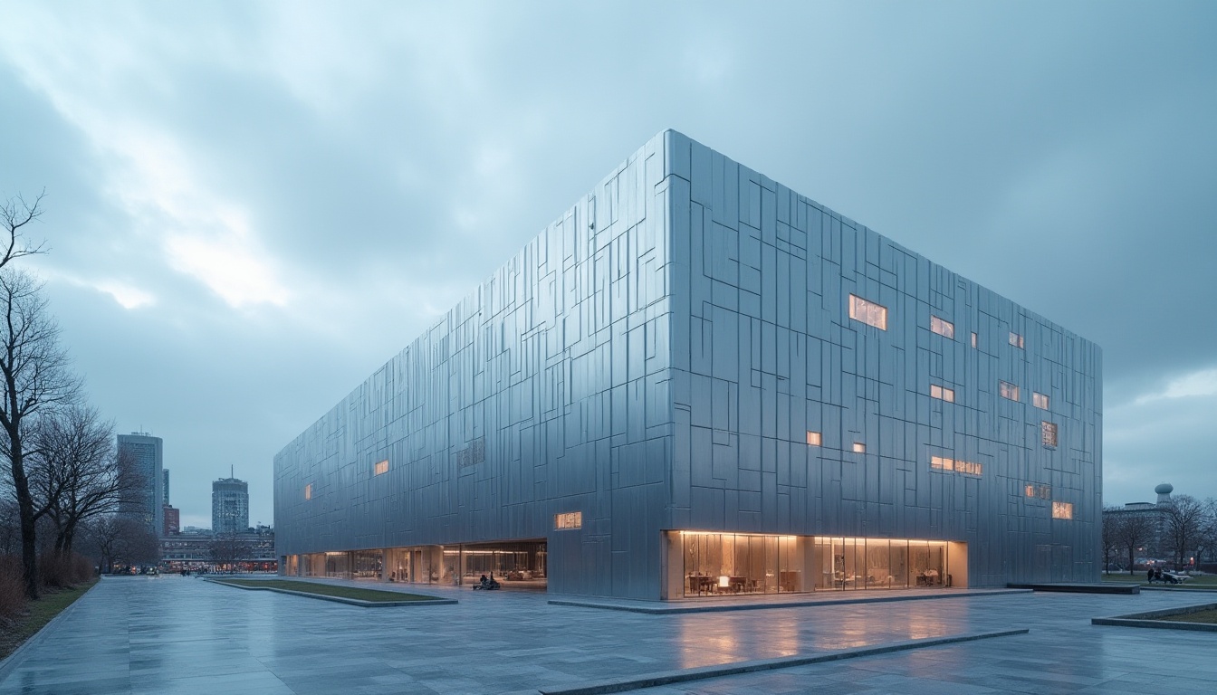 Prompt: Sleek aluminum facade, industrial modern architecture, silver metallic sheen, anodized finish, durable corrosion resistance, minimalist design, geometric patterns, LED lighting accents, urban cityscape, cloudy blue sky, shallow depth of field, 1/1 composition, realistic reflections, ambient occlusion.