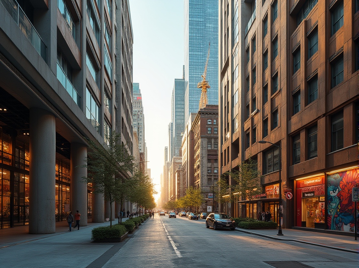 Prompt: Vibrant urban landscape, modern skyscrapers, sleek glass facades, metallic accents, neutral tone concrete, rich wood textures, bold colorful street art, eclectic city vibe, warm golden lighting, shallow depth of field, 1/2 composition, cinematic atmosphere, realistic reflections, ambient occlusion.