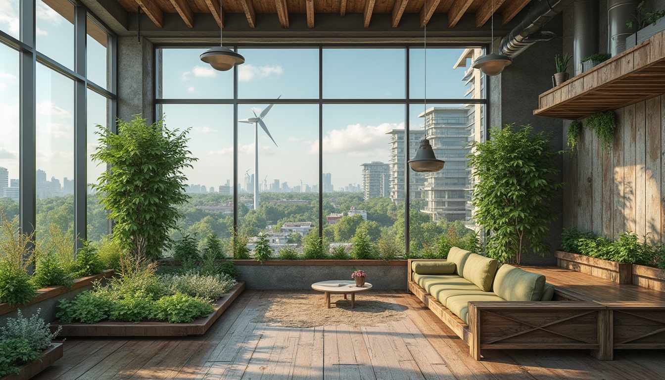 Prompt: Eco-friendly buildings, green roofs, solar panels, wind turbines, recyclable materials, natural textures, earthy tones, calming blues, muted greens, weathered wood accents, industrial chic decor, exposed ductwork, reclaimed wood furniture, energy-efficient lighting, soft warm ambiance, shallow depth of field, 1/1 composition, realistic renderings.