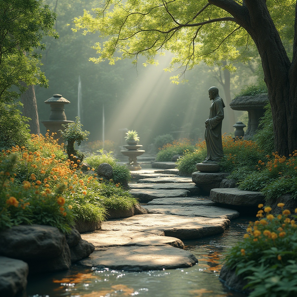 Prompt: \Sacred garden, serene water features, lush greenery, vibrant flowers, natural stone pathways, wooden benches, spiritual sculptures, tranquil ponds, reflection pools, walking meditation trails, gentle fountain sounds, soft warm lighting, misty morning atmosphere, 1/1 composition, shallow depth of field, realistic textures, ambient occlusion.\