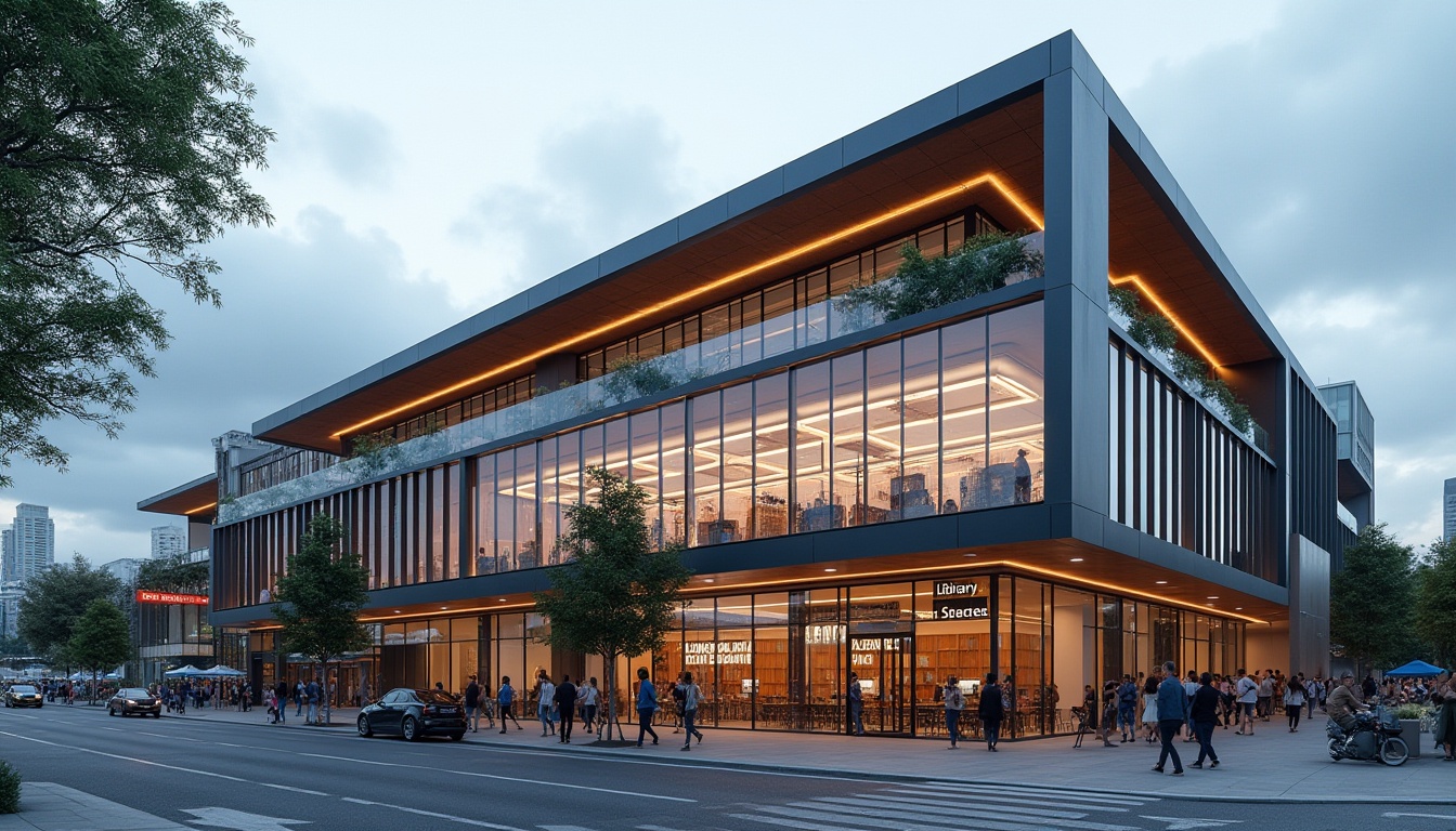 Prompt: Contemporary library facade, large glass windows, minimalist steel frames, cantilevered roofs, geometric patterns, bold color accents, sleek LED lighting, modern typography signage, urban cityscape backdrop, busy pedestrian traffic, cloudy day with soft diffused light, shallow depth of field, 1/2 composition, realistic materials, ambient occlusion.