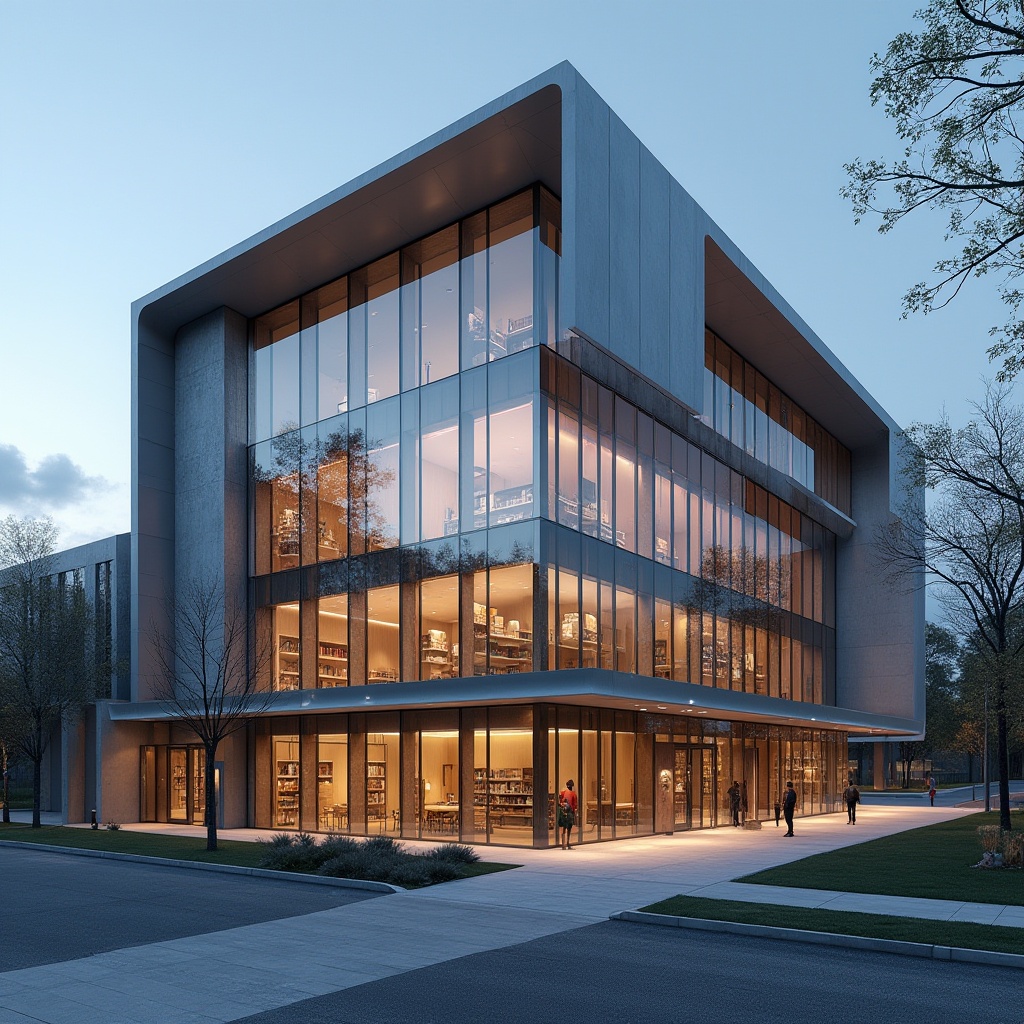 Prompt: Contemporary library facade, large glass windows, minimalist metal frames, cantilevered roofs, bold angular lines, modernist architecture, neutral color palette, natural stone cladding, LED lighting installations, evening ambience, shallow depth of field, 1/1 composition, panoramic view, realistic textures, ambient occlusion.