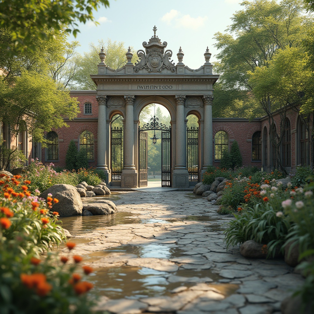 Prompt: \Grand zoo entrance, majestic stone columns, ornate iron gates, lush greenery, vibrant flowers, naturalistic animal habitats, rustic wooden bridges, serene water features, classical architectural details, symmetrical composition, soft warm lighting, shallow depth of field, 3/4 composition, panoramic view, realistic textures, ambient occlusion, wildlife observing areas, educational signs, natural stone walkways, brick buildings, modern zoo facilities, large windows, glass doors, blooming trees, sunny day.\