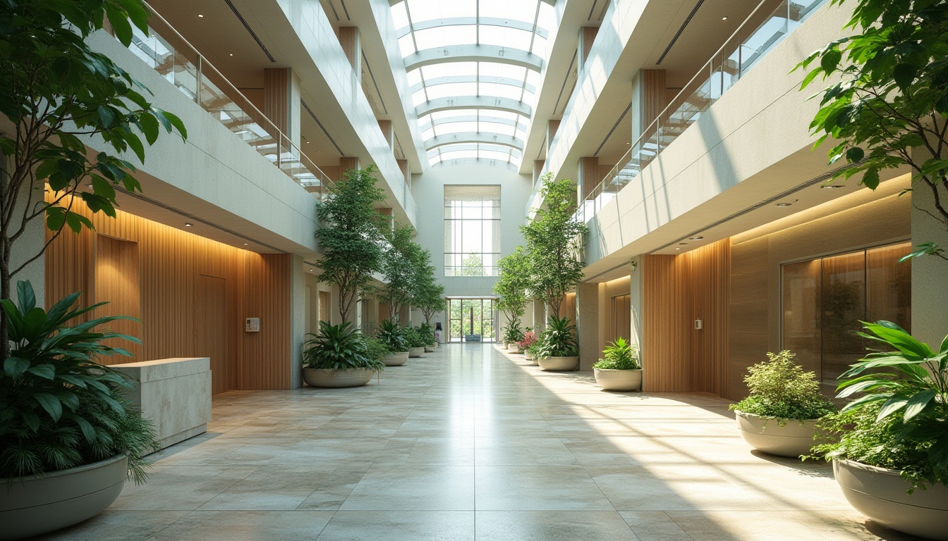 Prompt: Spacious hospital lobby, high ceilings, clerestory windows, natural stone floors, green walls, abundant plants, soft warm lighting, shallow depth of field, 3/4 composition, panoramic view, realistic textures, ambient occlusion, large patient rooms, floor-to-ceiling windows, minimal obstruction, optimized window placement, solar tubes, skylights, LED lighting, energy-efficient systems, calming color schemes, organic shapes, curved lines, wooden accents, nature-inspired artwork.