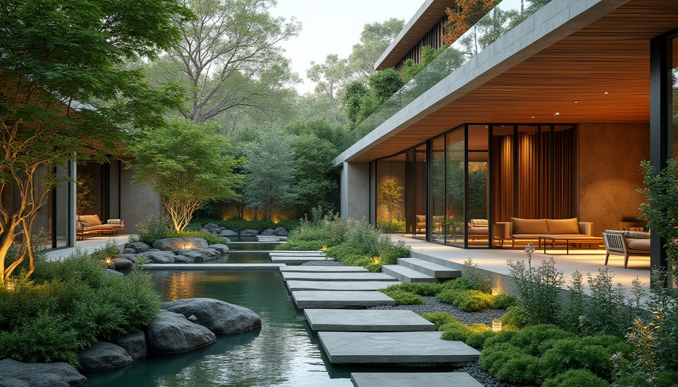 Prompt: Harmonious landscape integration, natural stone pathways, lush greenery, serene water features, vibrant flowerbeds, sleek modern architecture, floor-to-ceiling windows, sliding glass doors, warm wood accents, cozy outdoor seating areas, ambient lighting, shallow depth of field, 3/4 composition, panoramic view, realistic textures, ambient occlusion.