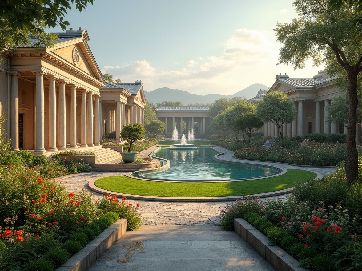 Prompt: Grandiose neoclassical buildings, ornate columns, symmetrical facades, manicured lawns, vibrant flowerbeds, meandering walkways, tranquil ponds, majestic fountains, rustic stone walls, lush greenery, blooming trees, soft warm lighting, shallow depth of field, 3/4 composition, panoramic view, realistic textures, ambient occlusion.