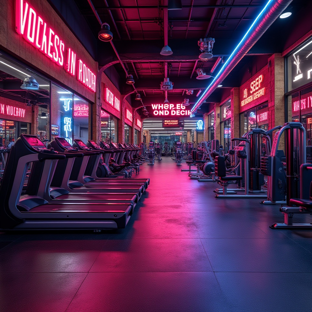 Prompt: Vibrant fitness club interior, bold dynamic colors, energetic neon lights, motivational quotes, modern equipment, sleek metal frames, rubber flooring, mirrored walls, natural wood accents, high ceilings, open spaces, industrial chic design, urban loft atmosphere, bright overhead lighting, 1/2 composition, shallow depth of field, realistic textures, ambient occlusion.