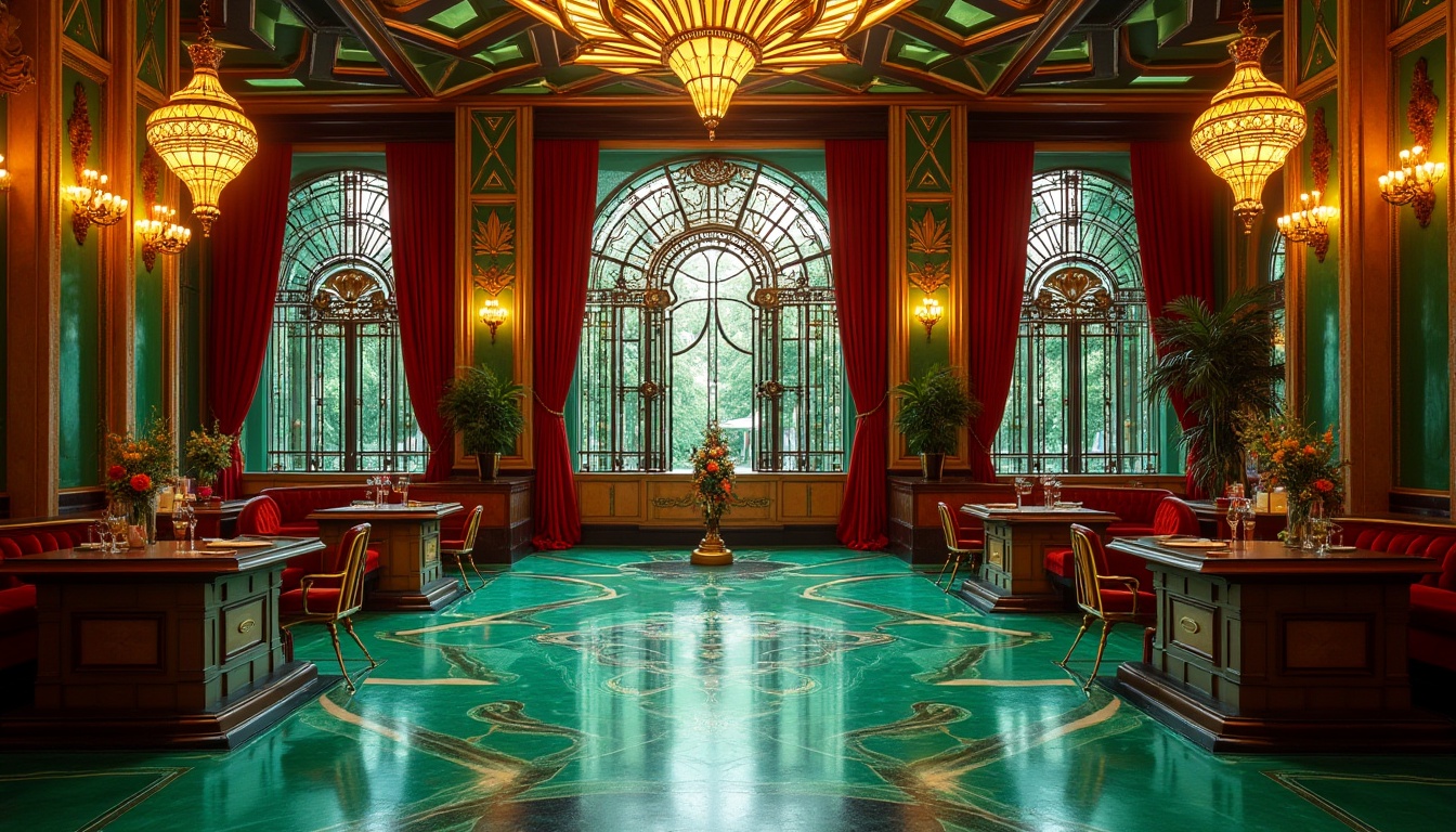 Prompt: Glamorous Art Deco building, ornate metalwork, luxurious marble floors, geometric patterns, vibrant turquoise, emerald green, ruby red, golden yellow, opulent chandeliers, intricate moldings, sunburst motifs, zigzag patterns, bold typography, lavish furnishings, velvet drapes, polished chrome accents, glossy black surfaces, warm ambient lighting, shallow depth of field, 1/1 composition, symmetrical framing, high-contrast colors, ornate details, luxurious textures.