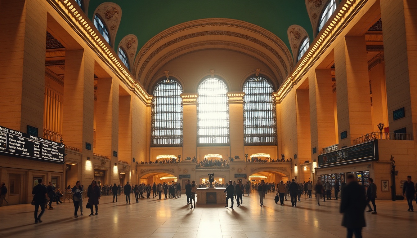 Prompt: Grandiose train station, high ceilings, ornate chandeliers, marble floors, symmetrical arches, Corinthian columns, intricate moldings, luxurious furnishings, elegant lighting fixtures, bronze statues, sweeping staircases, grand pedestrian walkways, urban cityscape, morning rush hour, warm natural light, shallow depth of field, 1/1 composition, realistic textures, ambient occlusion.Note