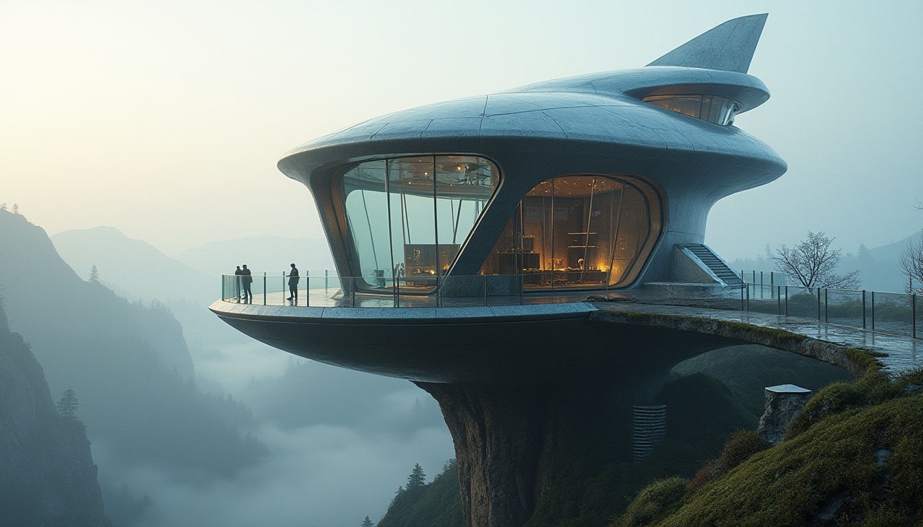 Prompt: Futuristic watchtower, sleek metallic facade, gleaming glass surfaces, angular lines, minimalist design, innovative materials, parametric architecture, cantilevered structures, panoramic views, atmospheric lighting, misty morning, shallow depth of field, 1/2 composition, realistic reflections, ambient occlusion, moss-covered walls, wooden accents, natural stone foundations, winding staircases, observation decks, telescopes, astronomy-inspired patterns, celestial body motifs.