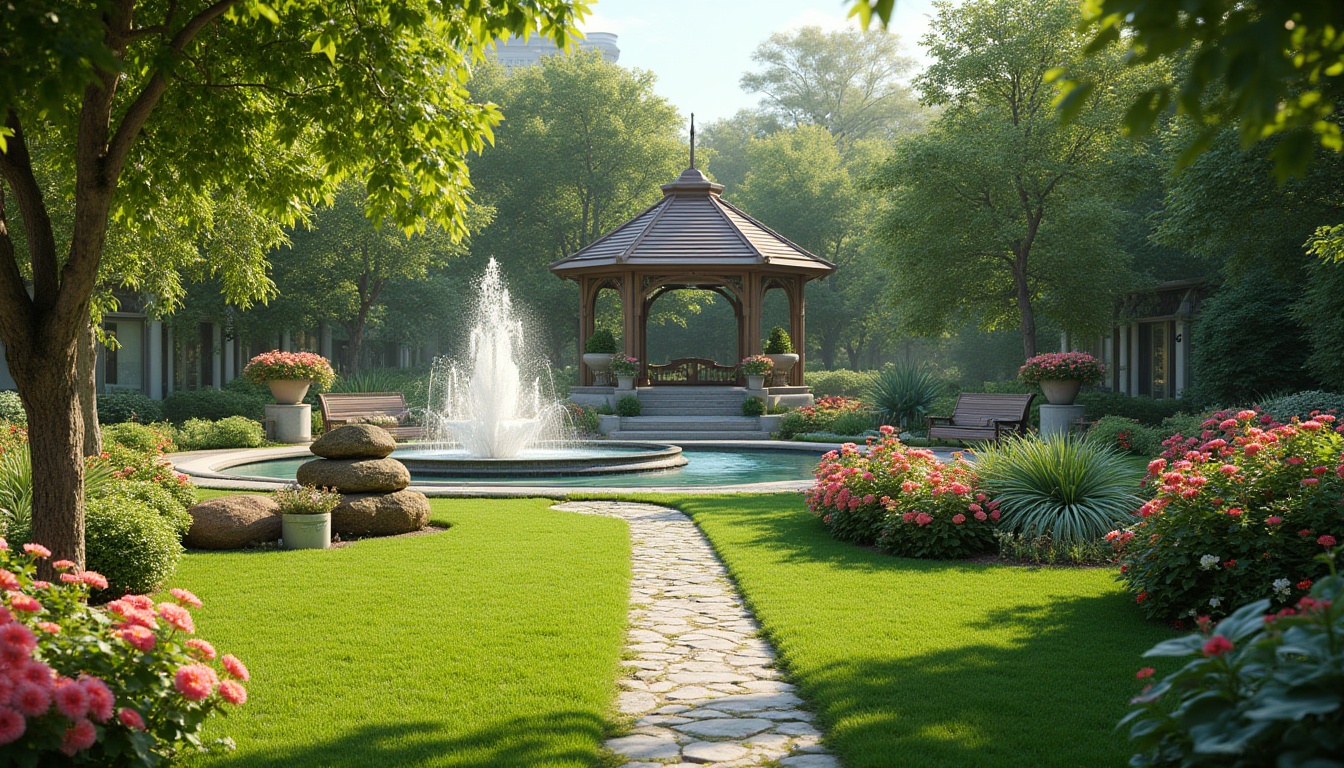 Prompt: Lush green lawns, vibrant blooming flowers, ornate fountains, meandering walkways, natural stone pathways, elegant garden benches, artistic sculptures, serene water features, rustic wooden gazebos, modern outdoor lighting, dramatic shadows, warm sunny days, shallow depth of field, 1/1 composition, panoramic view, realistic textures, ambient occlusion.