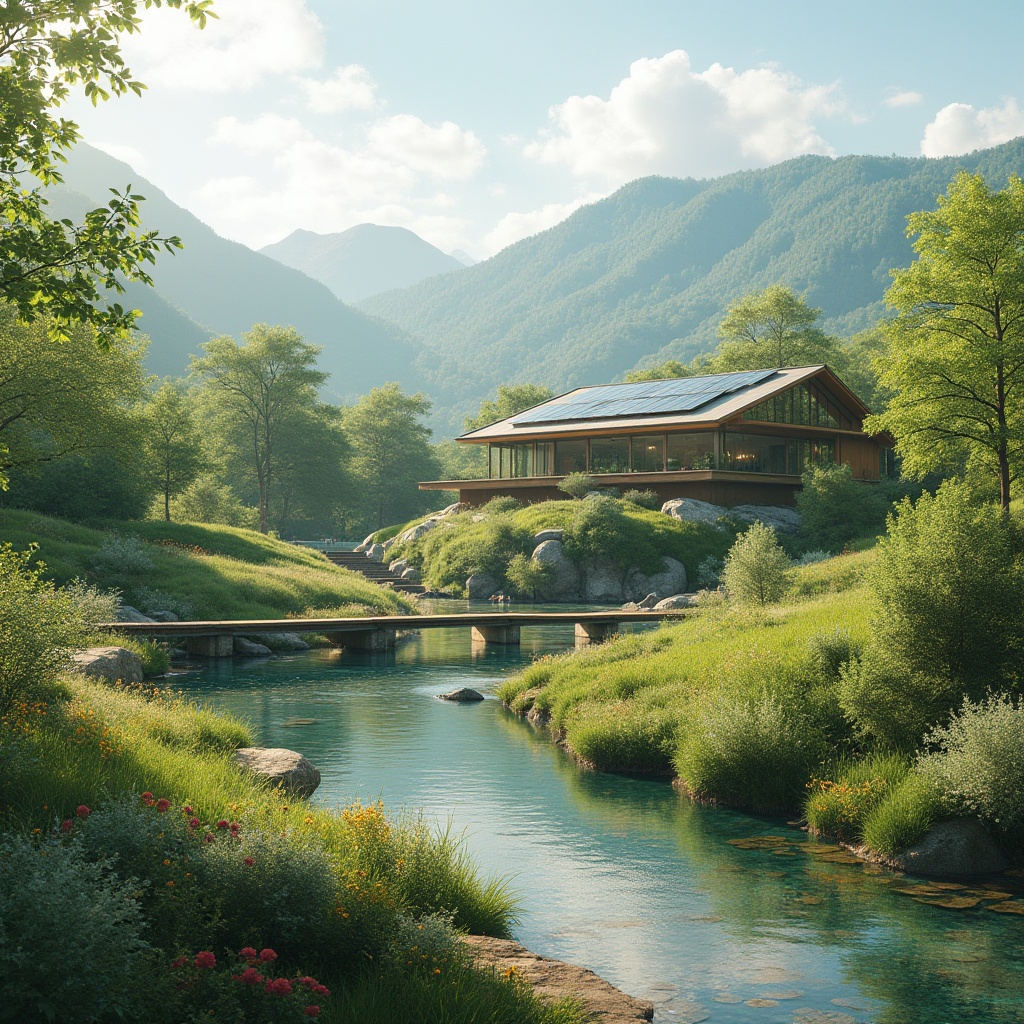 Prompt: Seamless landscape integration, blending with nature, rolling hills, serene lakeside, lush green forests, vibrant wildflowers, meandering walking trails, natural stone pathways, wooden bridges, eco-friendly buildings, sustainable materials, solar panels, green roofs, minimalist design, angular lines, modern architecture, large windows, sliding glass doors, warm sunny day, soft diffused lighting, shallow depth of field, 3/4 composition, panoramic view, realistic textures, ambient occlusion.