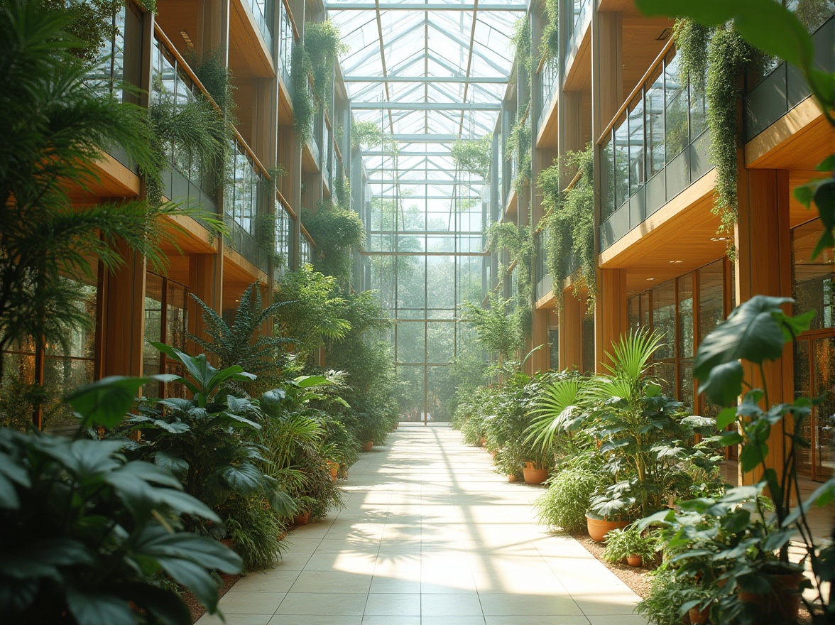 Prompt: \Vibrant atrium, abundant greenery, floor-to-ceiling windows, clerestory lighting, skylights, reflective surfaces, minimalist interior design, open-plan layout, transparent glass walls, natural stone flooring, wooden accents, airy high ceilings, sunny day, soft warm lighting, shallow depth of field, 3/4 composition, panoramic view, realistic textures, ambient occlusion.\