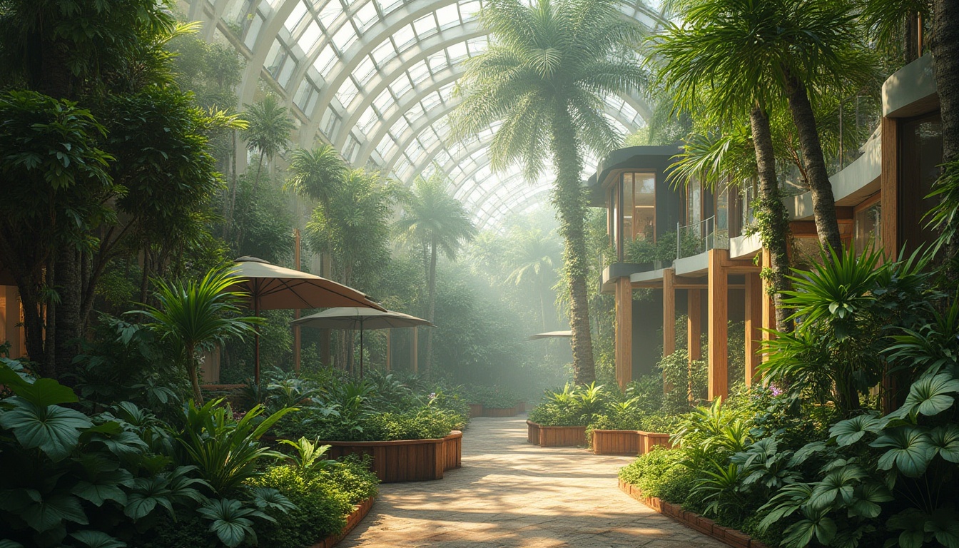 Prompt: Lush greenery, tropical plants, misty atmosphere, natural ventilation systems, curved glass roofs, wooden accents, earthy tones, reclaimed wood materials, living walls, green roofs, solar panels, rainwater harvesting systems, composting facilities, organic gardens, educational signs, interactive exhibits, warm soft lighting, shallow depth of field, 1/2 composition, realistic textures, ambient occlusion.Let me know if you need any adjustments!