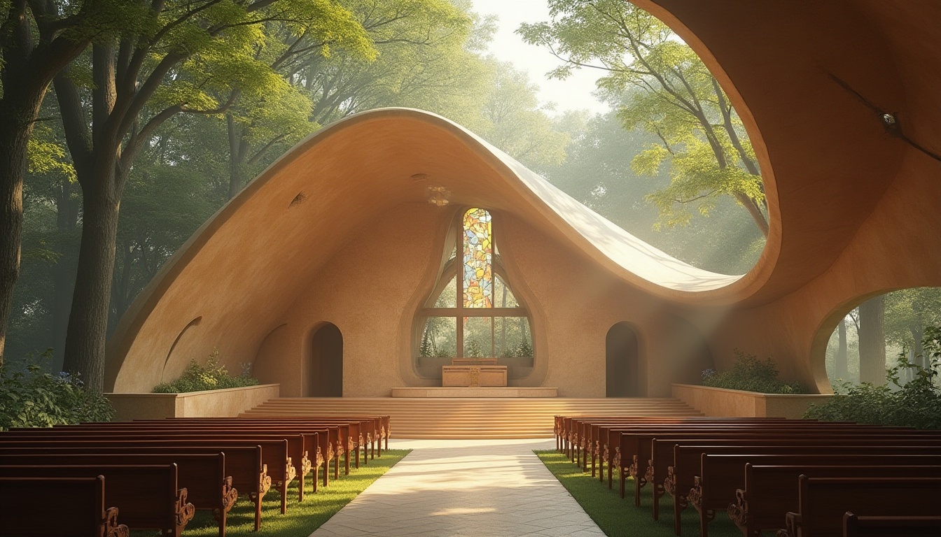 Prompt: Ethereal chapel, undulating rooflines, natural stone fa\u00e7ade, stained glass windows, intricate wooden carvings, ornate pulpits, curved pews, soft warm lighting, misty atmosphere, lush greenery surroundings, serene forest background, earthy tone color palette, organic forms, free-flowing curves, minimalist decor, sacred ambiance, peaceful atmosphere, warm beige stone walls, rustic wooden accents, subtle texture details, shallow depth of field, 1/1 composition, realistic render.