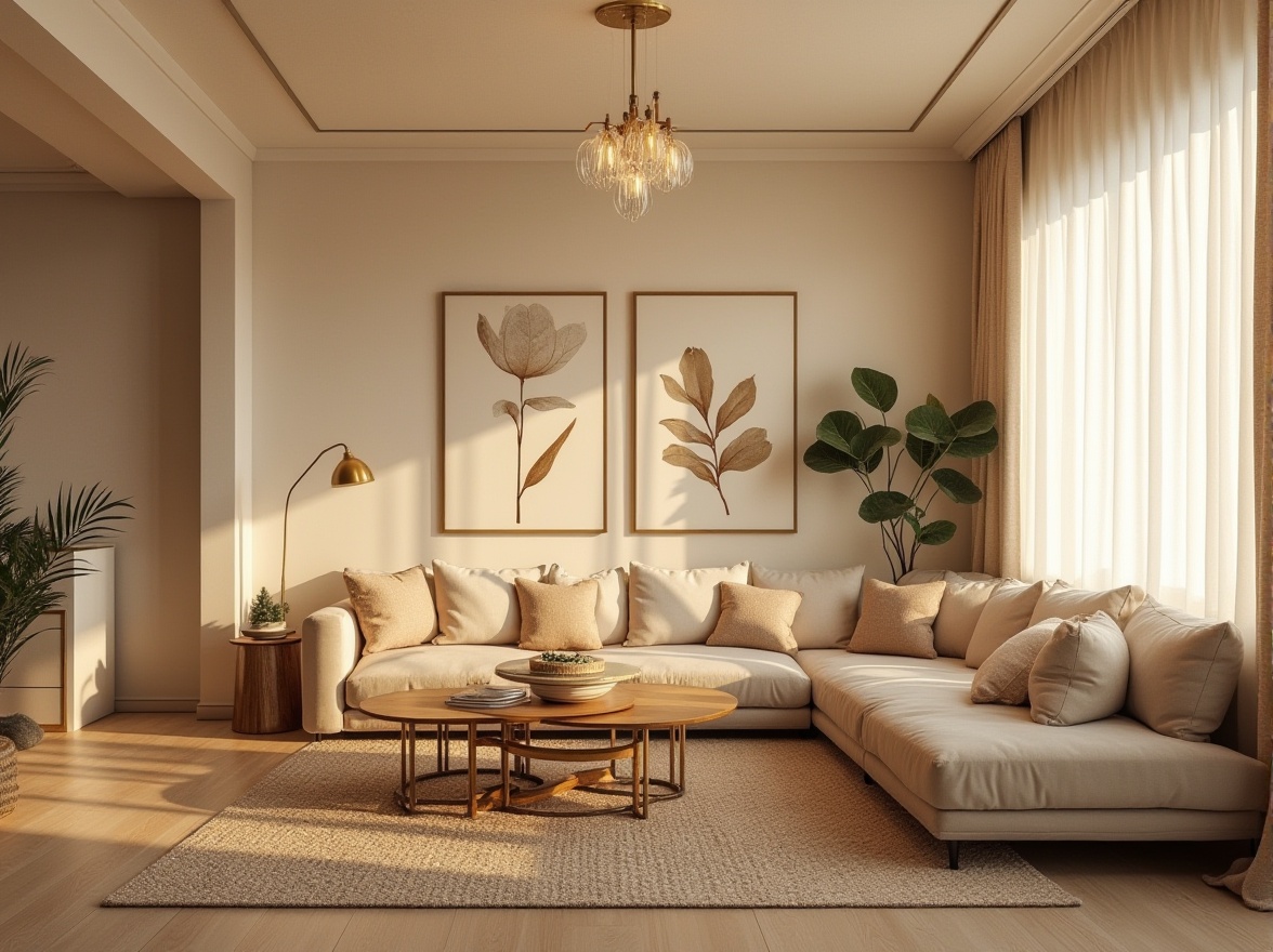 Prompt: Cozy living room, warm beige walls, plush velvet sofas, rustic wooden coffee tables, soft golden lighting, comfortable throw pillows, nature-inspired artwork, woven jute rugs, creamy white curtains, elegant chandeliers, modern minimalist decor, spacious open layout, bright natural light, airy atmosphere, 1/1 composition, shallow depth of field, realistic textures, ambient occlusion.