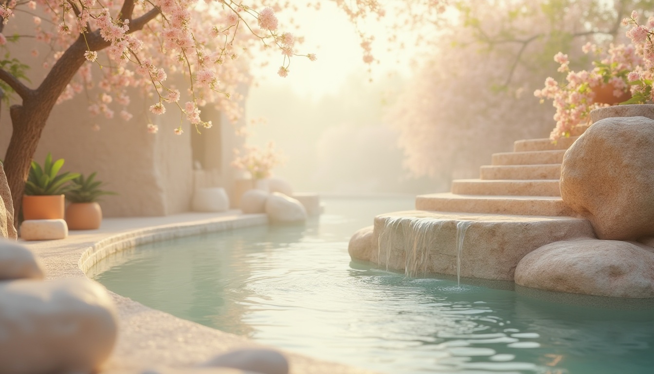 Prompt: Soft pastel hues, calming atmosphere, serene natural surroundings, blooming florals, gentle water features, misty morning light, warm beige tones, creamy whites, pale blues, muted greens, earthy terracotta, smooth stone textures, organic shapes, flowing curves, whimsical patterns, dreamy quality, shallow depth of field, 1/1 composition, soft focus, atmospheric perspective.