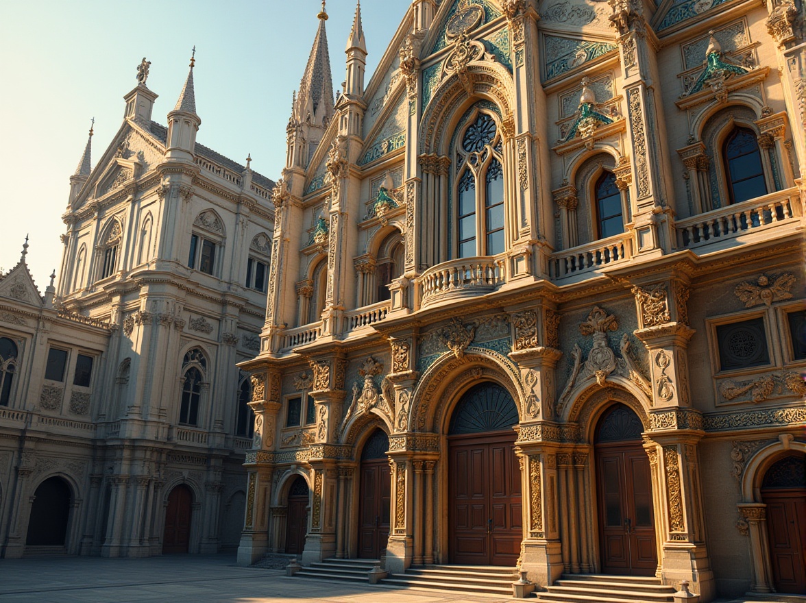 Prompt: Intricate facades, ornate details, grand entranceways, decorative arches, carved stonework, majestic clock towers, vibrant tile mosaics, ornamental balconies, filigree metalwork, sculpted figurines, gothic spires, stained glass windows, warm golden lighting, shallow depth of field, 1/2 composition, realistic textures, ambient occlusion.