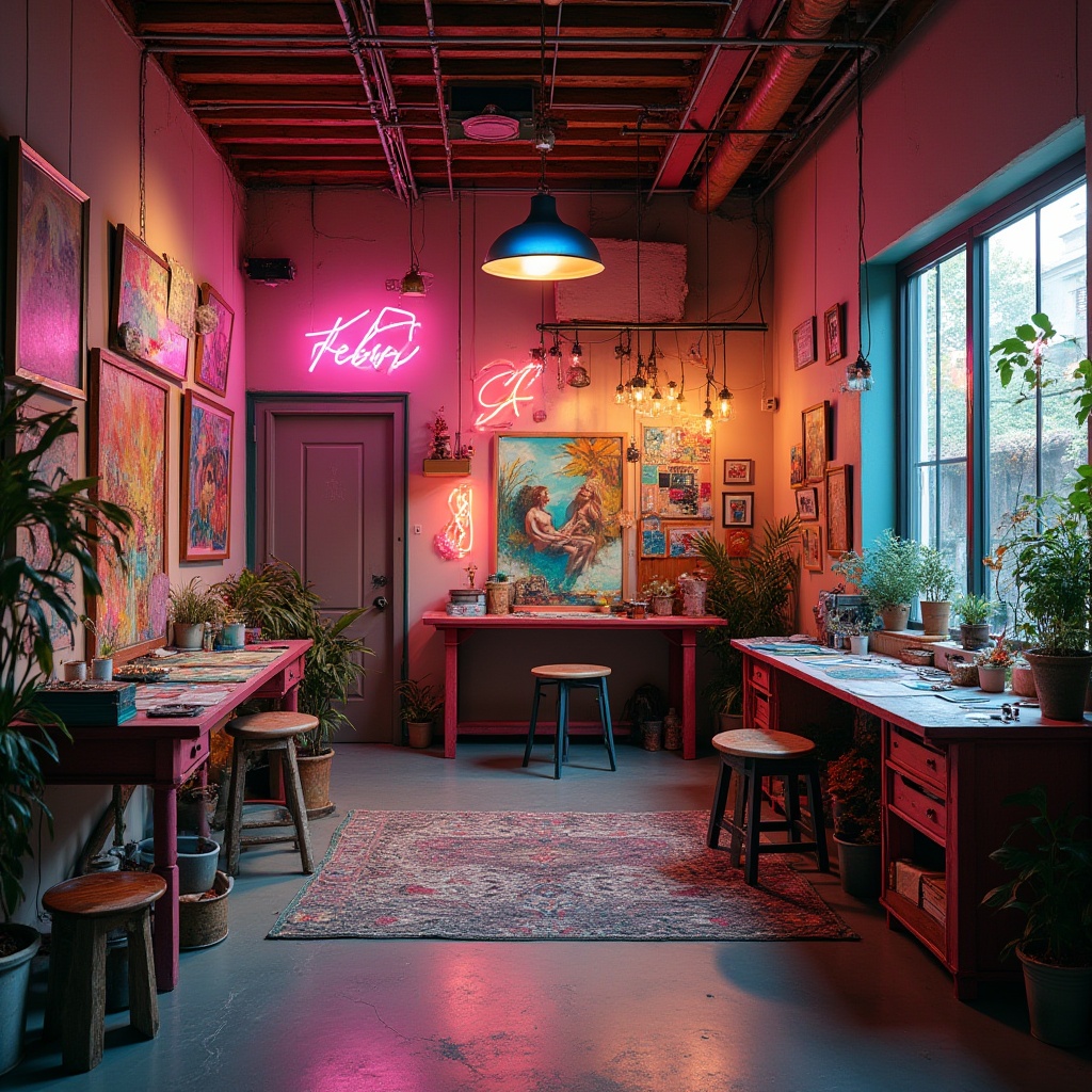 Prompt: Vibrant art studio, eclectic bohemian decor, bold bright colors, pastel hues, metallic accents, iridescent finishes, neon lights, abstract artwork, mixed media textures, urban industrial backdrop, reclaimed wood walls, modern minimalist furniture, moody atmospheric lighting, shallow depth of field, 1/1 composition, warm vibrant color grading, cinematic camera angles.