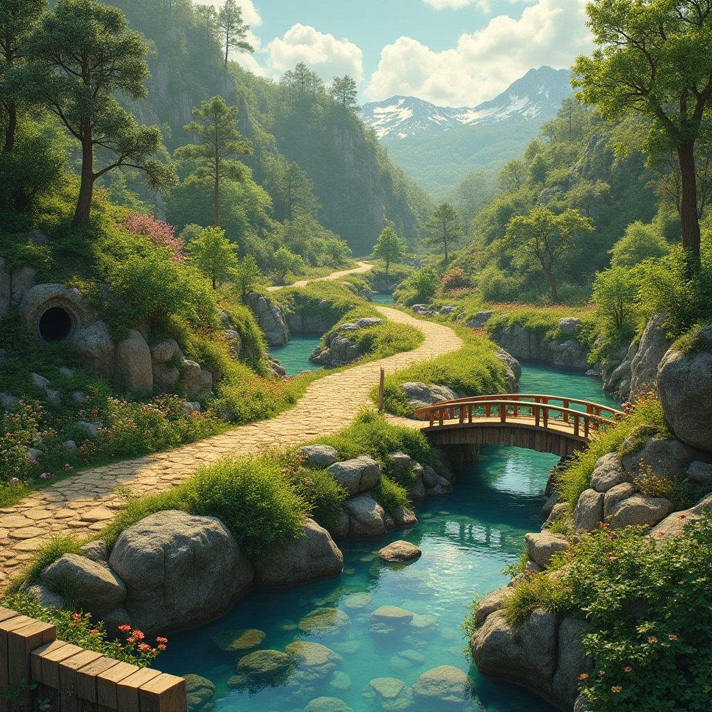 Prompt: Seamless landscape integration, lush greenery, meandering paths, rustic wooden bridges, serene water features, natural stone walls, earthy tones, organic forms, curved lines, gentle slopes, native plant species, vibrant wildflowers, sunny day, soft warm lighting, shallow depth of field, 3/4 composition, panoramic view, realistic textures, ambient occlusion.