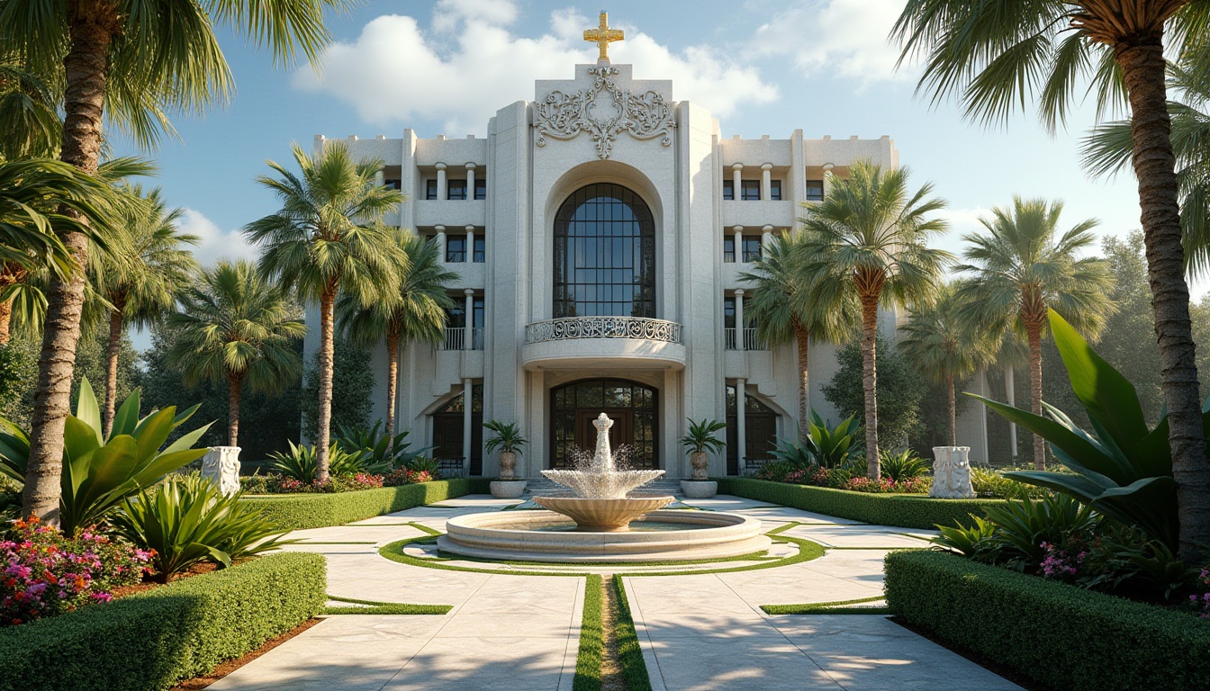 Prompt: Geometric Art Deco building, ornate metalwork, symmetrical hedges, vibrant tropical plants, angular stone pathways, decorative fountain features, modernist sculptures, lush greenery, palm trees, exotic flowers, sunny day, high-contrast lighting, shallow depth of field, 1/2 composition, dramatic shadows, realistic textures, ambient occlusion.