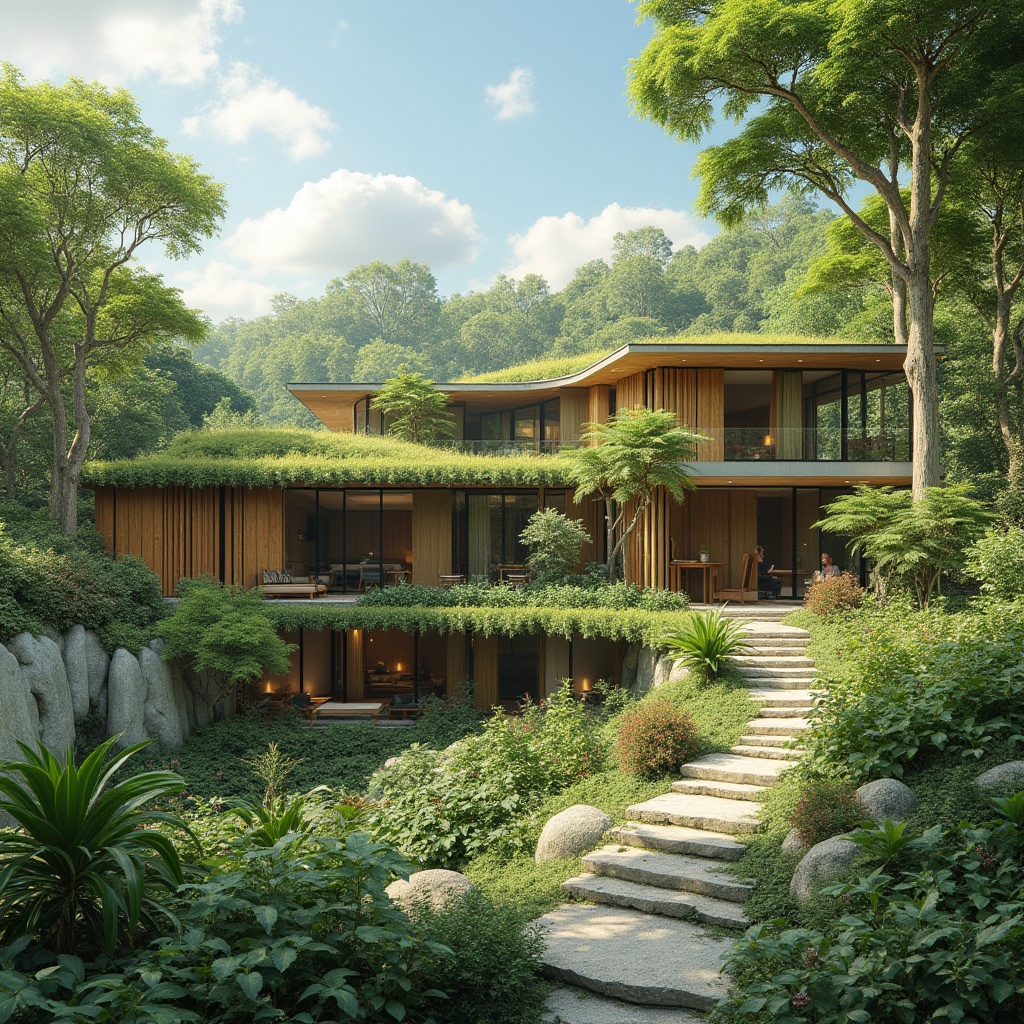 Prompt: Green roofs, lush vegetation, large overhangs, clerestory windows, high ceilings, open floor plans, cross ventilation, operable walls, sliding glass doors, natural materials, earthy tones, minimal obstruction, unobstructed airflow, passive design strategies, stack effect, wind catchers, solar chimneys, thermal mass, insulated walls, breathable fa\u00e7ades, double glazing, shading devices, reflective surfaces, bright interiors, airy atmosphere, comfortable temperatures, reduced mechanical cooling, sustainable building practices, eco-friendly architecture.