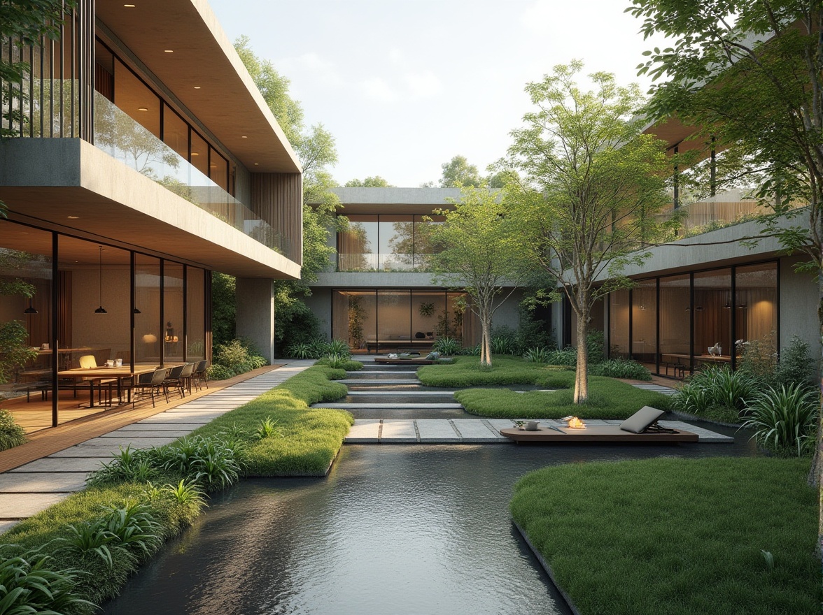 Prompt: Seamless blend of modern architecture, sleek curves, transparent glass walls, minimalist decor, lush green roofs, native plants, natural stone pathways, subtle LED lighting, warm neutral tones, ambient shadows, shallow depth of field, 3/4 composition, panoramic view, realistic textures, soft focus, harmonious coexistence with nature.