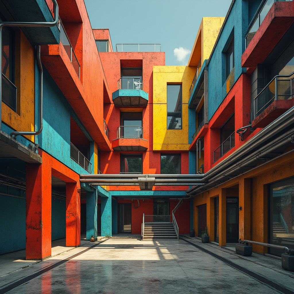 Prompt: Vibrant constructivist buildings, abstract geometrical forms, bold primary colors, bright accents, metallic textures, industrial materials, exposed pipes, brutalist structures, urban cityscape, gritty concrete walls, neon lights, futuristic atmosphere, low-key lighting, high-contrast shadows, dynamic composition, 2.5D perspective, stylized reflections, graphic patterns, De Stijl-inspired aesthetics, avant-garde design elements.