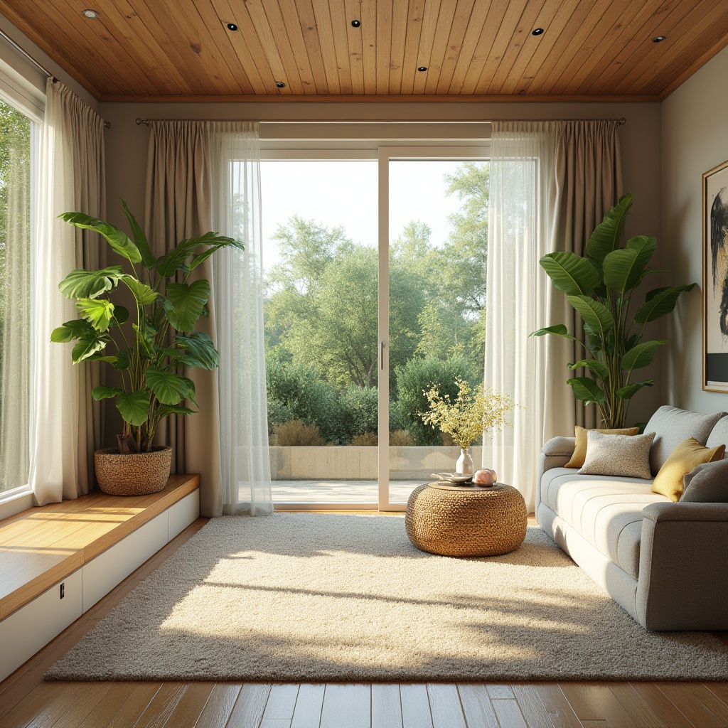 Prompt: Vibrant interior space, abundant natural light, large windows, sliding glass doors, minimal window frames, transparent curtains, sheer blinds, reflective surfaces, bright color palette, airy atmosphere, comfortable living area, cozy reading nook, warm wood accents, soft carpeting, lush greenery, blooming plants, outdoor connection, seamless transition, blurred boundaries, panoramic view, shallow depth of field, 1/1 composition, realistic textures, ambient occlusion.