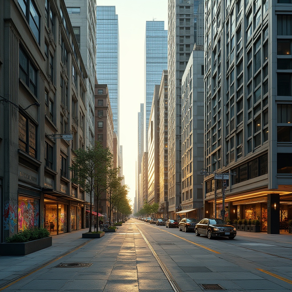 Prompt: Urban cityscape, modern skyscrapers, sleek glass facades, industrial metal textures, vibrant street art, graffiti murals, concrete sidewalks, bustling streets, cosmopolitan atmosphere, warm golden lighting, shallow depth of field, 1/1 composition, realistic reflections, ambient occlusion, neutral beige tones, deep blues, urban greens, bold yellows, metallic silvers, abstract geometric patterns, futuristic neon lights, dynamic city rhythms.